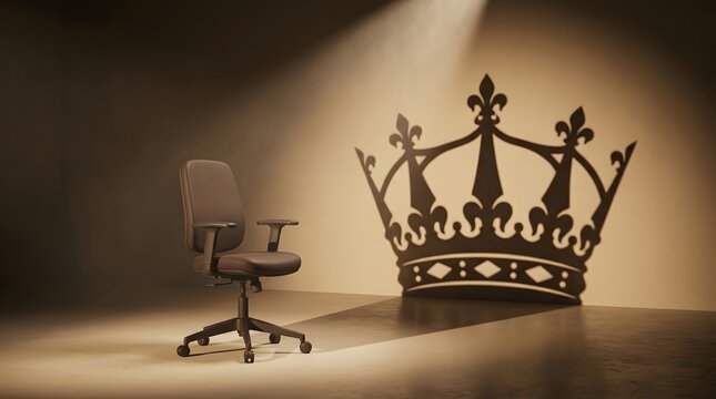 Empty Office Chair Next to Large Royal Crown Silhouette Under Dramatic Spotlight on Dark Moody Background, Business Leadership Succession Executive Power CEO Position Boss Authority Vacancy