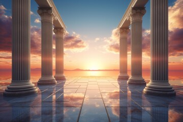 Fototapeta premium Ancient ionic columns frame a luminous sunset over a calm sea with reflections on a classical floor