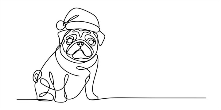 Continuous single line drawing of a cute pug dog wearing a christmas santa hat