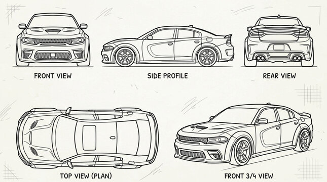 Car Blueprint Technical Drawing Views.
