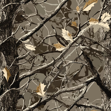 Real tree hunting camouflage half drop seamless pattern with branches bark and leaves print ready 300 dpi for hunting gear
