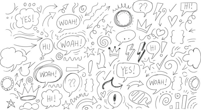 Handdrawn doodle seamless pattern with speech bubbles, arrows, stars, crowns, and various abstract design elements