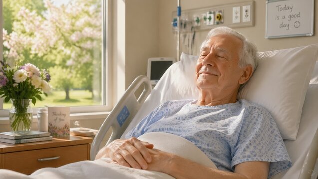 Peaceful senior male patient resting in a modern hospital bed with a calm expression as soft late spring sunlight enters the room, creating a serene and hopeful atmosphere in a healthcare setting.