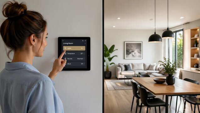 Detailed view of a resident interacting with a digital touch screen smart home controller mounted on a contemporary wall, setting the mood with warm interior lighting and advanced home automation.