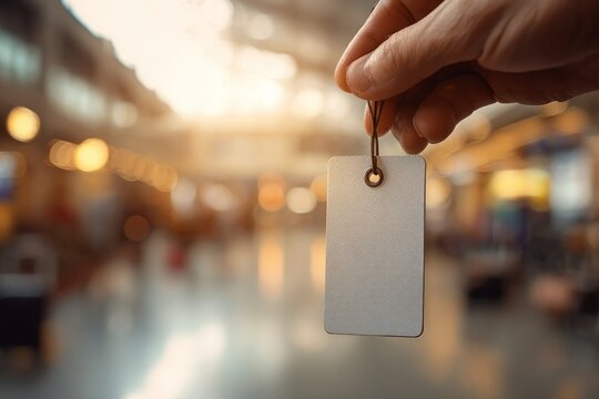 airport luggage. Close up of a human hand holding a blank baggage claim tag with a string, set against a blurred background of a train station platform and soft lighting
