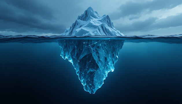 Iceberg in ocean, with visible underwater and above-water sections reflection