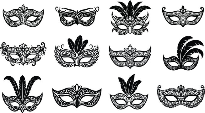 Collection of ornate decorative masquerade masks featuring intricate patterns elegant designs and luxurious textures set against a plain background showcasing a variety of styles