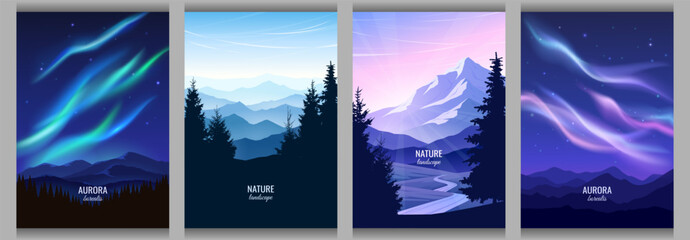 Set of vertical nature landscape banners. Night sky with northern lights, panoramic mountain ranges at sunset, forest silhouettes and winding valley road. Vector illustration. © i_mARTy