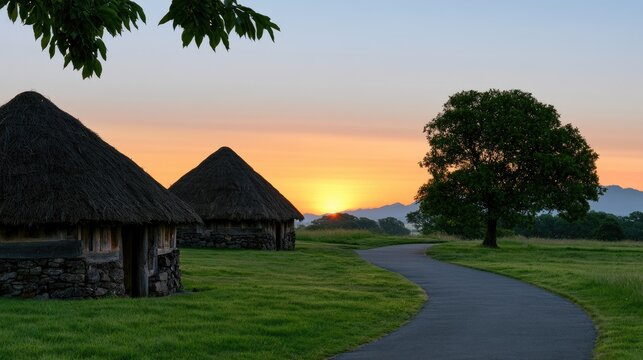Rustic huts on grassy hillside at sunrise with winding path and lone tree