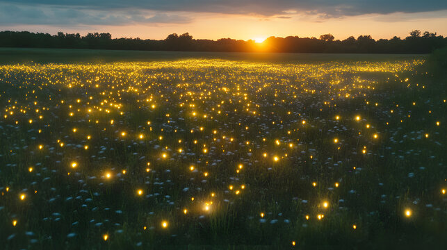 Shot Of Summer Lightning Bug Field At
