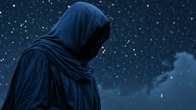 Two mystical figures cloaked under the starlit sky.