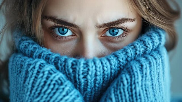 A close-up of a woman wearing a knit scarf around her neck. She has blue eyes and is gazing off to the side.