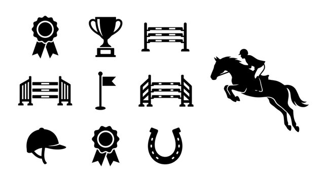 Equestrian show jumping icons and silhouette horse riding symbols animal sport