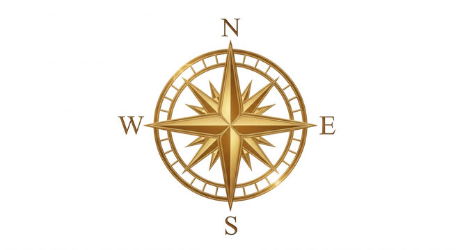 A metallic gold compass rose featuring cardinal directions n, s, e, and w, isolated on a solid black background, for navigation themes