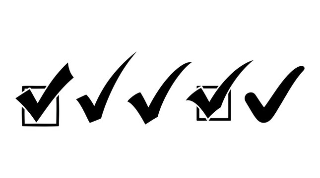 Five black check mark icons with some in boxes black and white confirm button