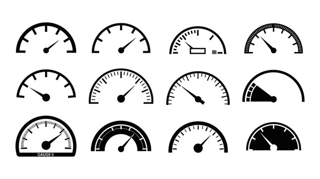 Collection of black and white dashboard speedometers and various measurement