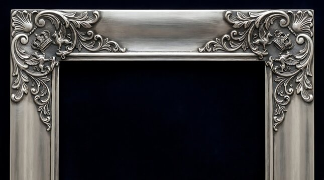 An ornate vintage antique silver and gold metal frame with a retro decorative border sits as a blank art object on a black background