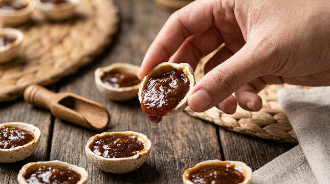 Hand picking up a small coconut jam tart on a rustic table.