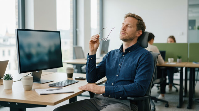 Tired businessman resting at his desk in a modern office. Male employee with closed eyes holding glasses taking a break from computer work. Workplace fatigue and eye strain concept