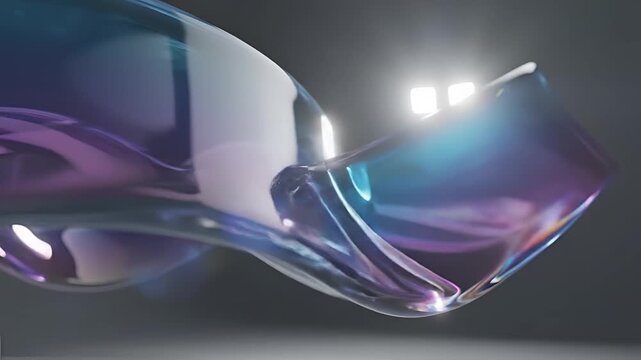 Abstract iridescent liquid flowing and swirling with light reflections.