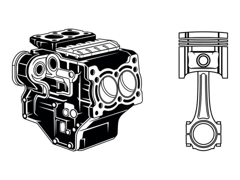 Engine components silhouette detailed illustration of a cylinder block and piston assembly