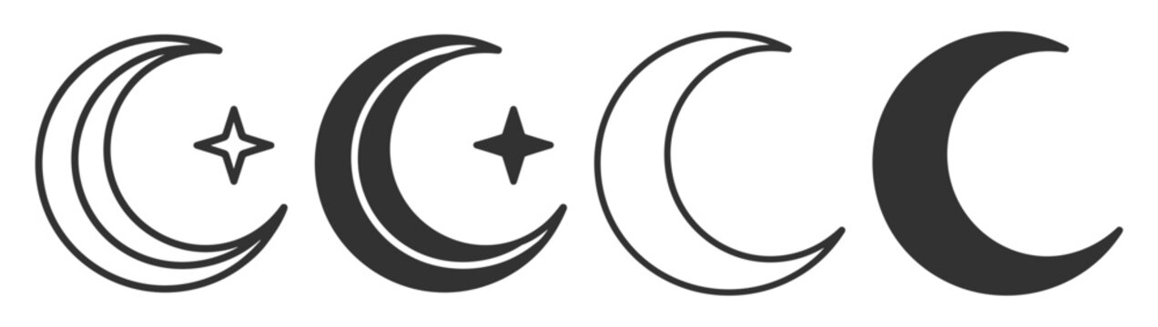 Crescent moon vector icon set with outline and silhouette celestial night symbols on transparent background