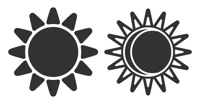 Black sun silhouette vector icon set with celestial solar and cosmic symbols on transparent background