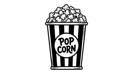 Popcorn bucket icon with bold striped paper design and fluffy kernels for snack food branding and menu graphics