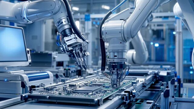Precision robotic arms assembling microchips on circuit board in high-tech manufacturing facility. Industrial automation and electronics production video.
