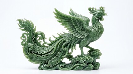 Fototapeta premium Intricate carved green jade phoenix bird sculpture