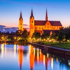 Obraz premium Beautiful church by serene lake at dusk.