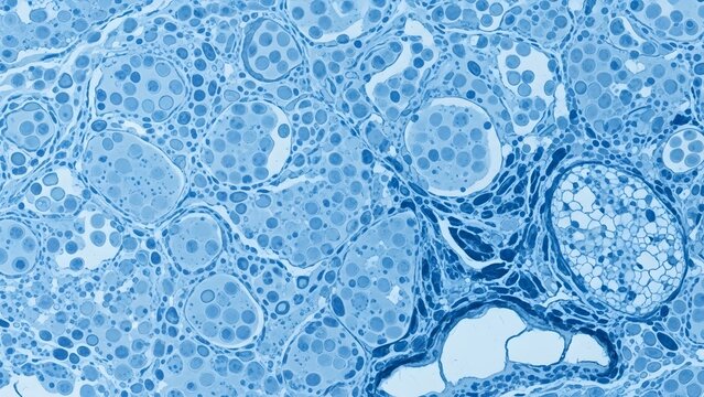 Microscopic view of pancreatic acinar cells, showing detailed cellular structures within the pancreatic gland, revealing histological patterns for medical research and diagnostics