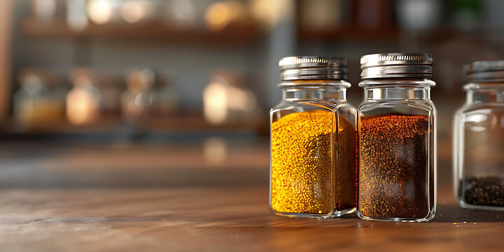 Glass Spice Jars with Colorful Spices on Wooden Surface