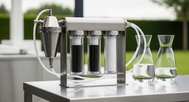 Water filtration system with charcoal and sediment cartridges. Portable purification device on table. Clean liquid supply for healthy home life and sustainable environment protection.