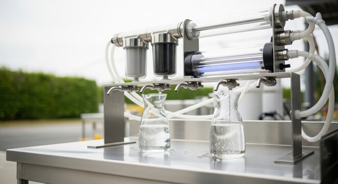 Water filtration system purifying liquid into glass carafe. Industrial treatment technology providing clean drinking supply. Healthy lifestyle and ecological science engineering equipment.