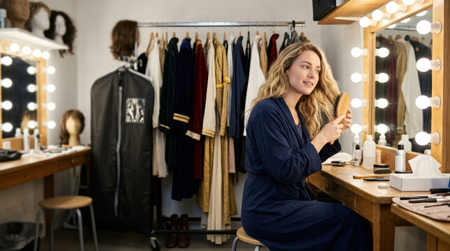 Actress brushing hair in a dressing room. Woman preparing for performance in theater backstage with costumes and vanity mirror