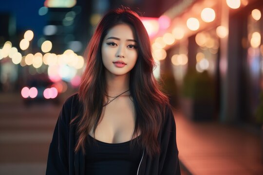 Asian woman posing in front of urban nightlife bokeh lights