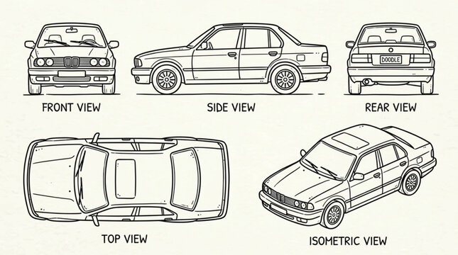 Automotive Design Blueprints and Technical Drawings of a Sedan.