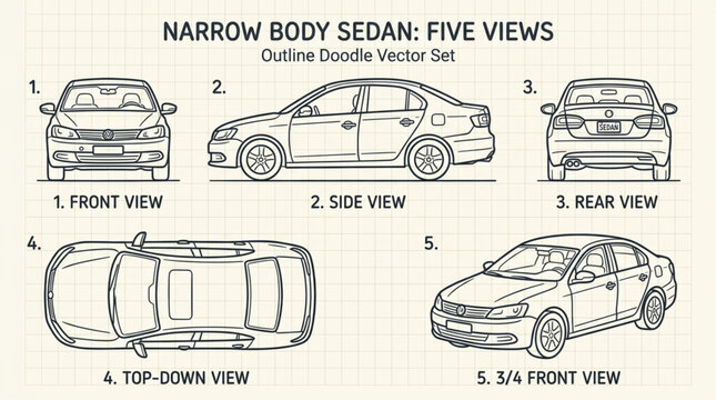Narrow Body Sedan Five Views Doodle Vector Set.
