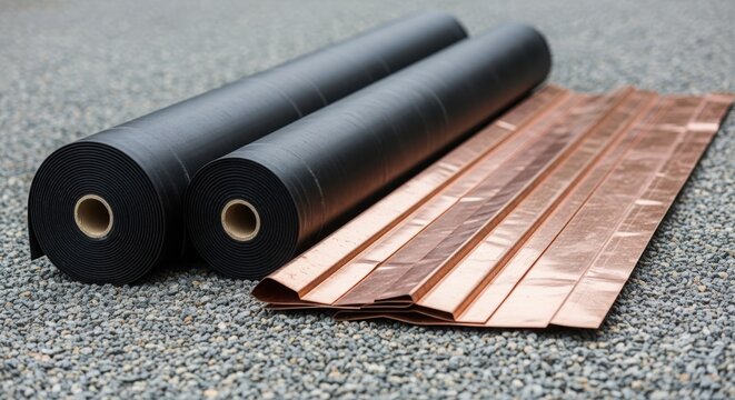 Black rubber roofing membrane rolls and copper flashing sheets on gravel. Waterproofing materials and metal strips for building construction, renovation or home improvement project.