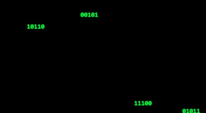 Binary code stream: green digital data flow on animation black background