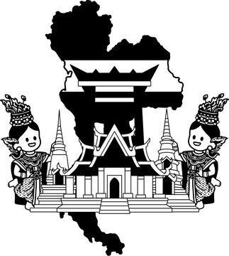 black and white illustration of Map of Thailand, Thai temples, Giant Swing, Thai dancers.