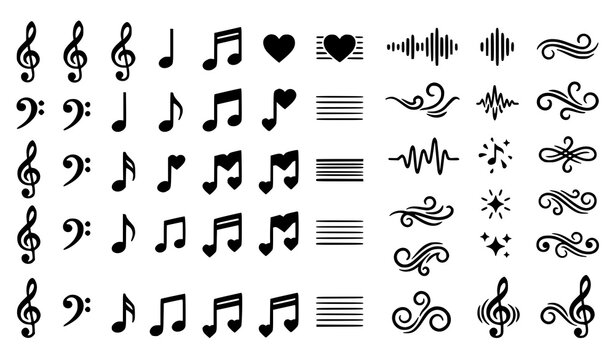 Music notation and heart note icon collection with modern clef vector illustrations