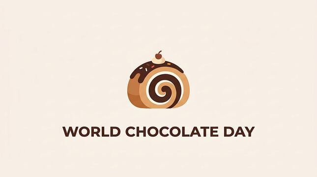 World chocolate day text and illustration of a chocolate roll cake with beverage