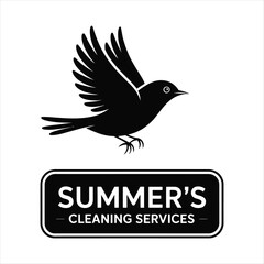 Fototapeta premium Black silhouette of a bird flying above a cleaning service logo