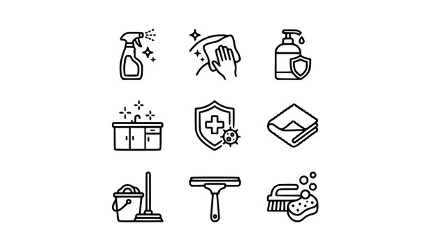 Easy cleaning and surface care icon collection with sanitation vector symbols for web design