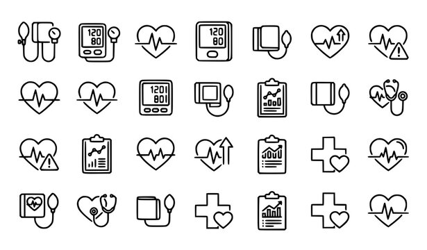Blood pressure medical icon vector set with heart pulse and monitor symbols isolated on white