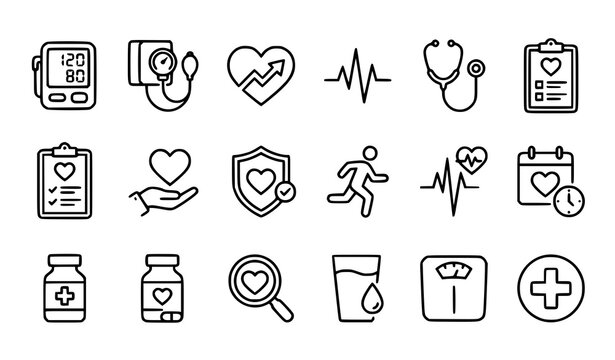 Cardiovascular and blood pressure icon collection with healthcare monitor vector illustrations