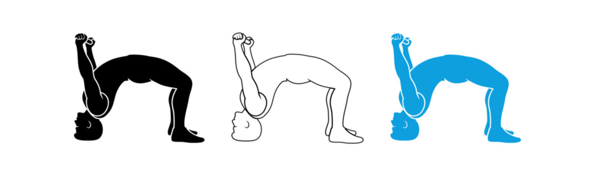 Urdhva dhanurasana yoga pose illustration set black white and blue silhouettes