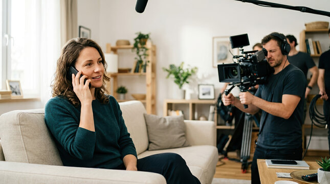 Woman talking on smartphone during a professional video interview. Film crew recording a subject in a home studio setting